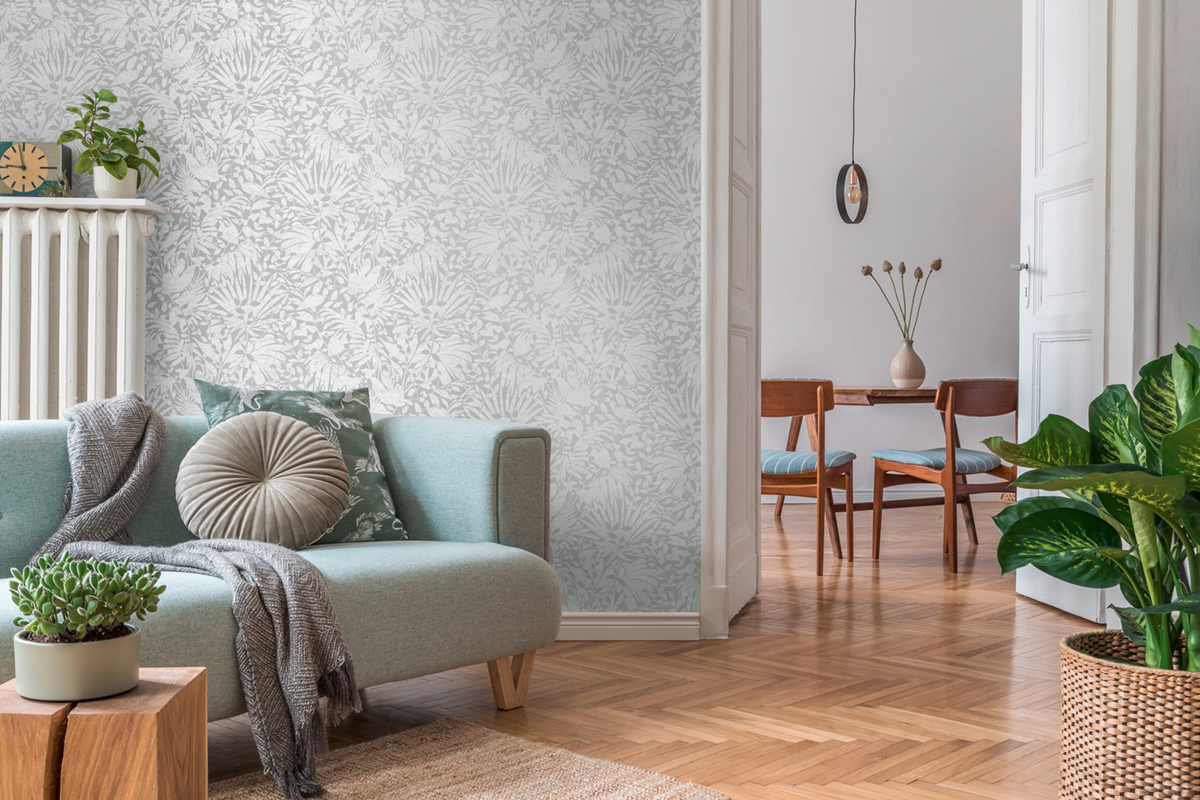 Papier peint Jungle Leaves gris clair argenté - The BOS d'A.S. Création AMB2 | Réf. AS-388312