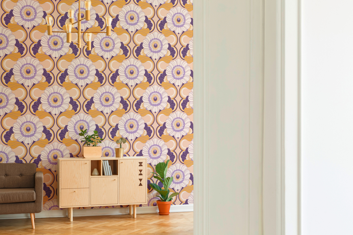 Papier peint Fleur Vintage violet moutarde - Retro Chic d'A.S. Création AMB2 | Réf. AS-395303