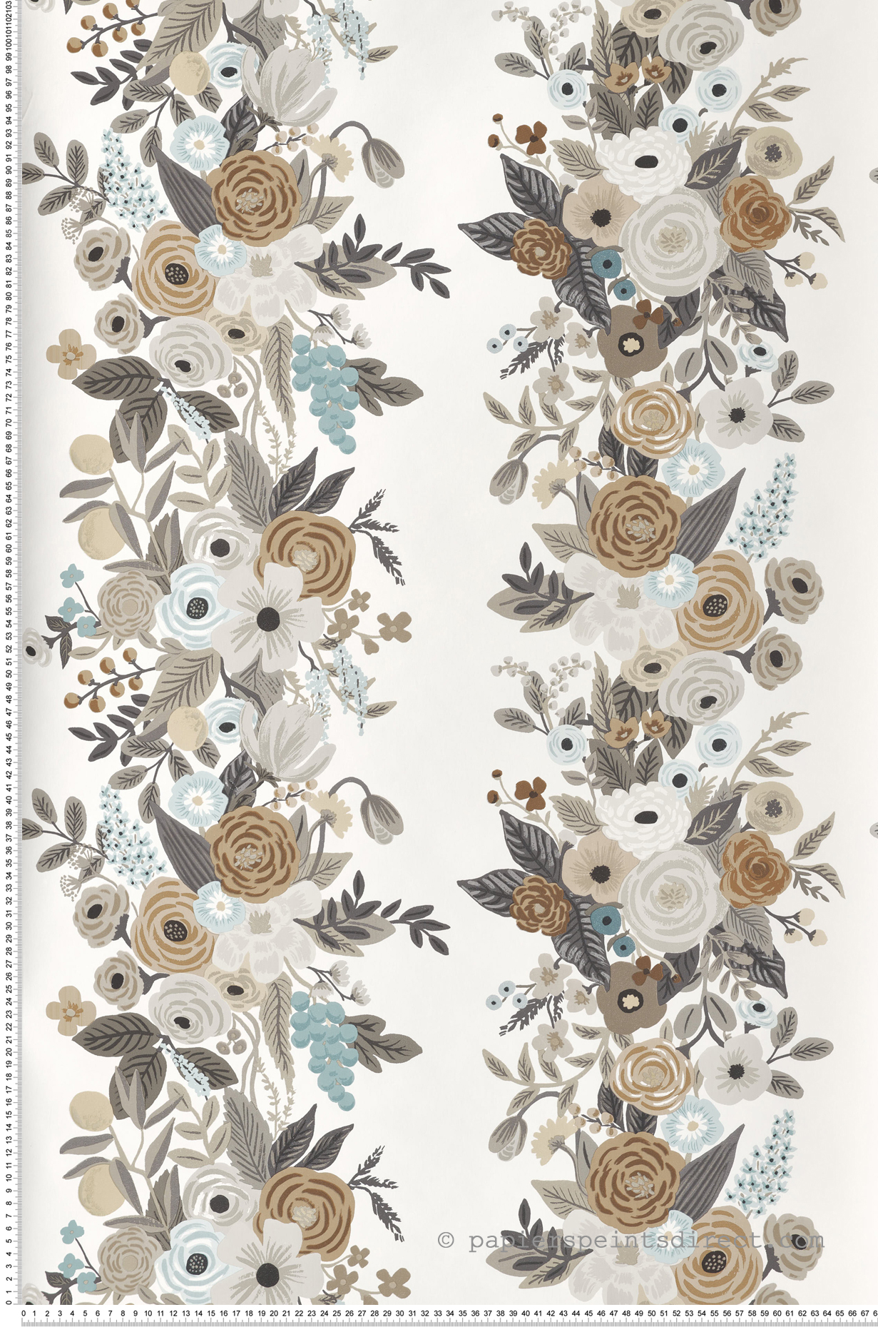 Papier peint Rayure Fleur Garden Party marron gris - Rifle Paper Co. 2 de York (Initiales) | Réf. INI-RP7313