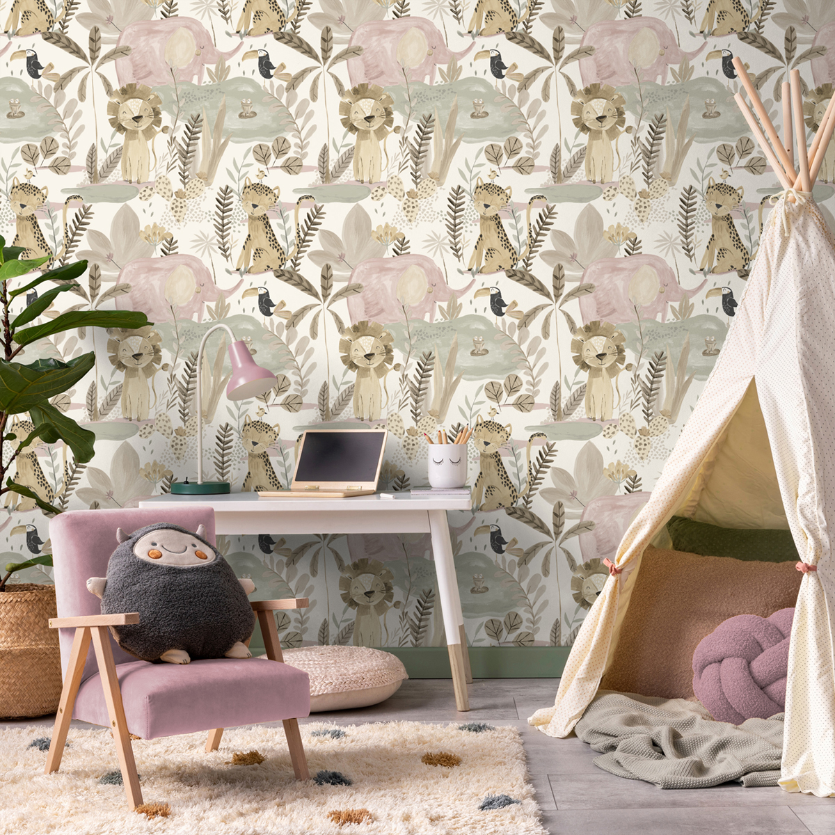 Papier peint Jungle Animaux Enfant beige - Imagine de Lutèce | Réf. LTC-DL27557