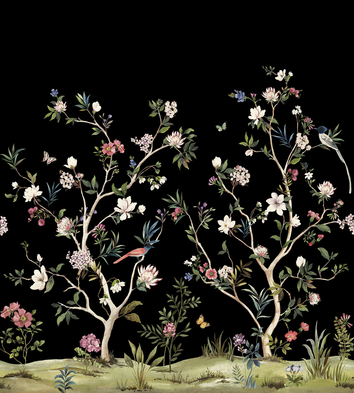 Papier peint panoramique Oiseaux Chinoiserie Magnolia noir - Daisy Bennett d'Initiales | Réf. INI-DB30510M