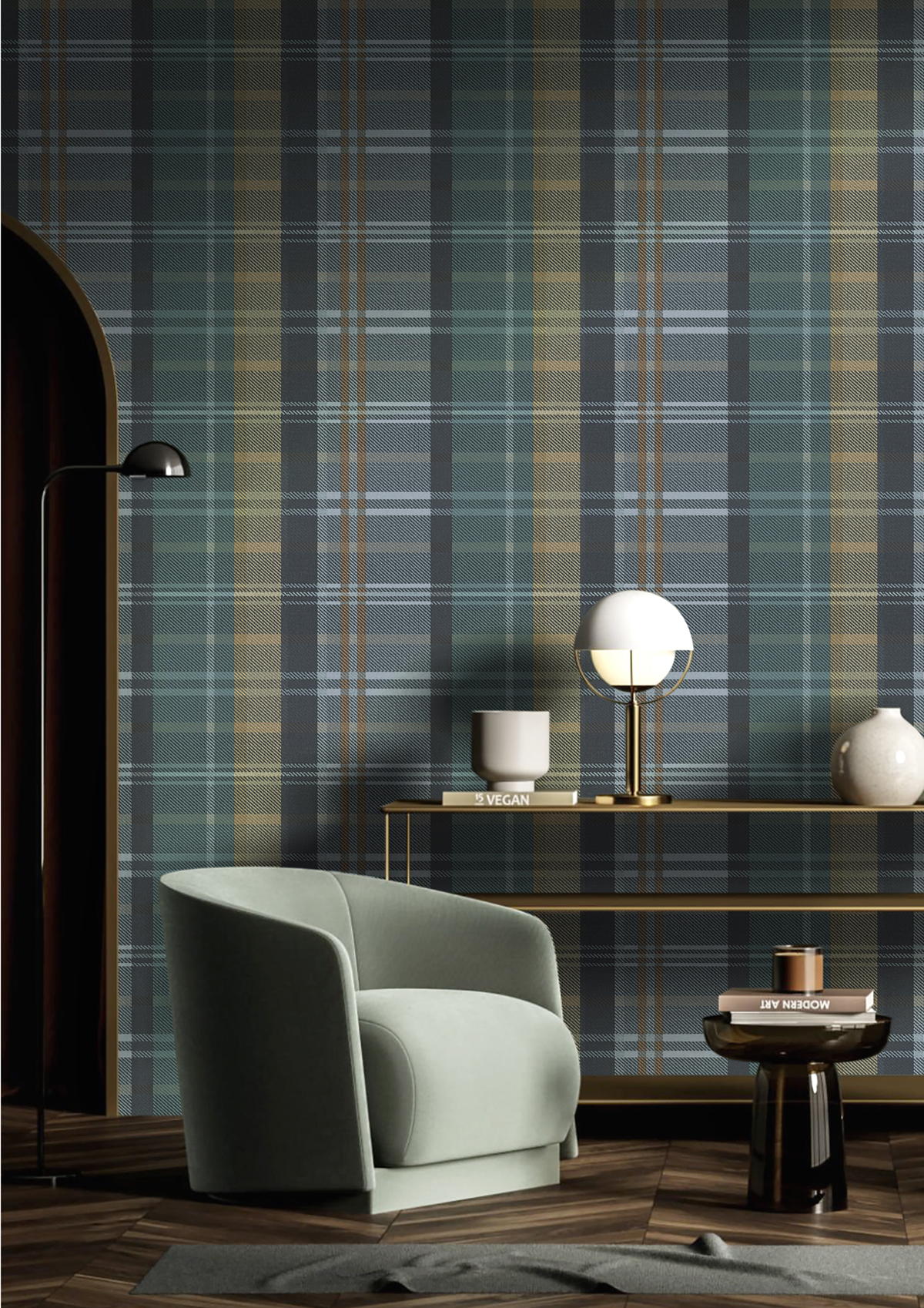 Papier peint Grand Tartan Ecossais bleu irisé - Maison Paradis de Lutèce | Réf. LTC-MP15566