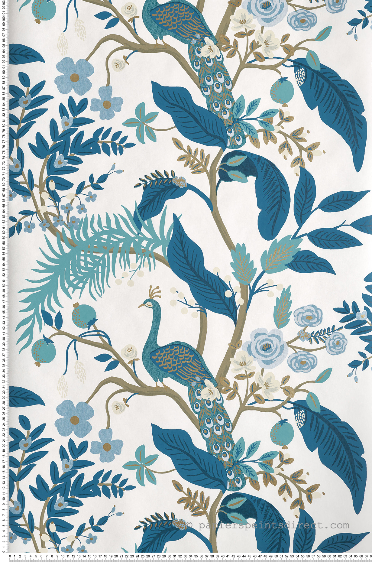 Papier peint Nature Peacock blanc/bleu - Rifle Paper Co. d'Initiales | Réf. INI-RI5173