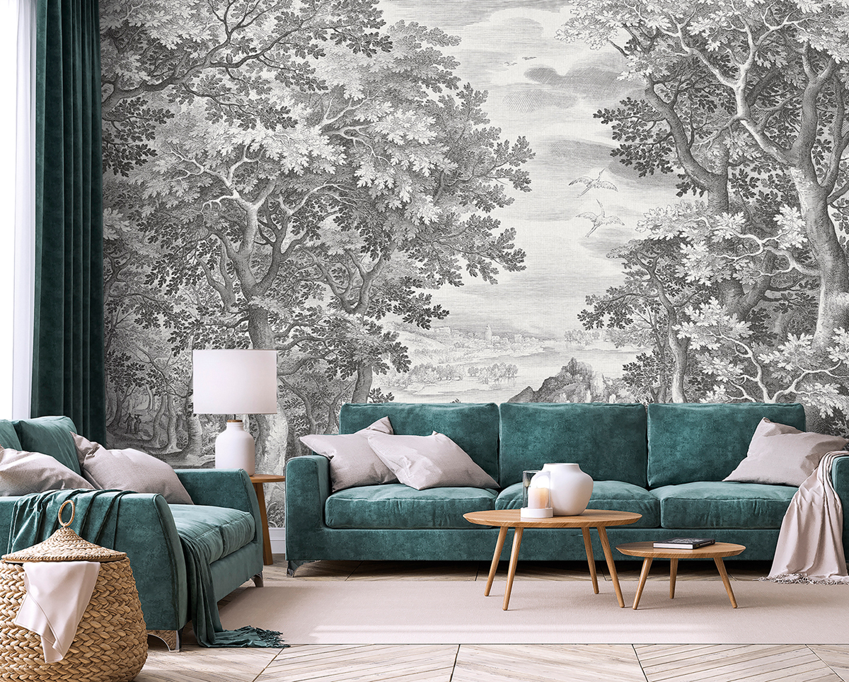 Papier peint panoramique Paysage Vintage Lorelei gris - Panorama 2 de Lutèce | Réf. LTC-PAN1611C