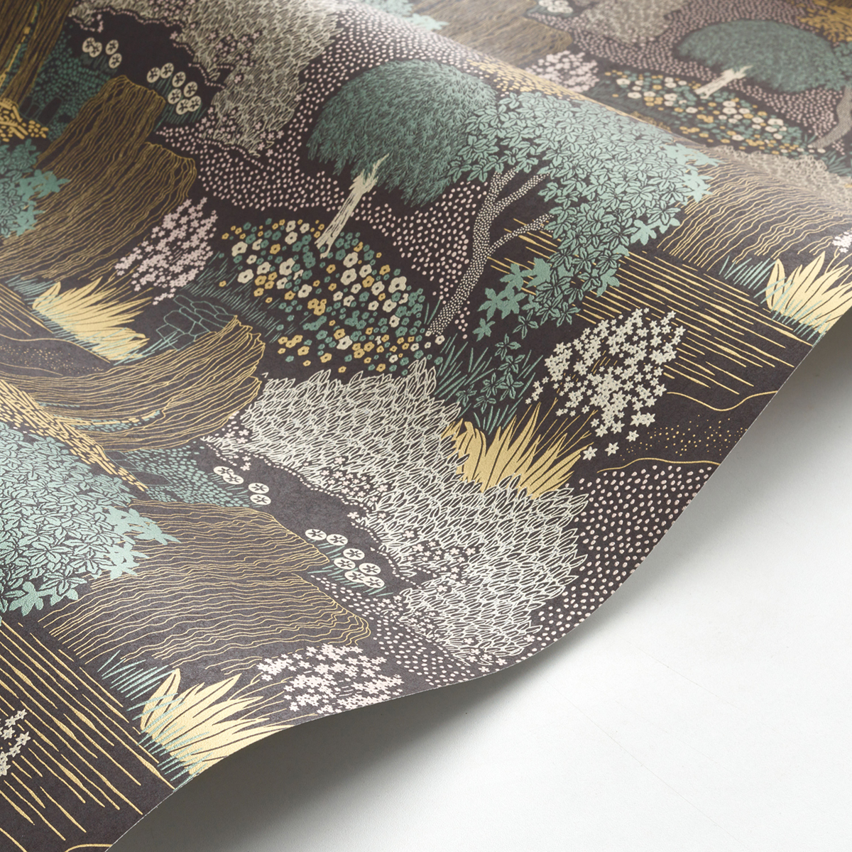 Papier peint jardin Japonais Niwa vert noir doré - Kyoto de Casadéco | Réf. KYTO88727928