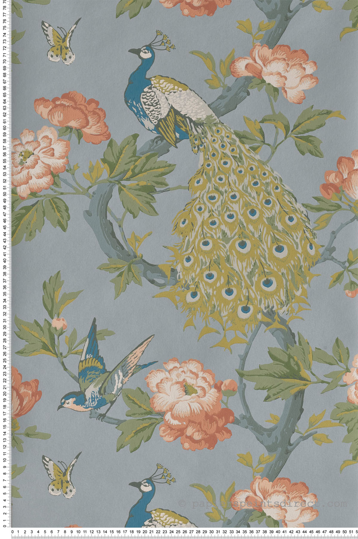 Papier peint vintage paon Pavona Skye - National Trust Papers de Little Greene | Réf. 0245PASKYEZ