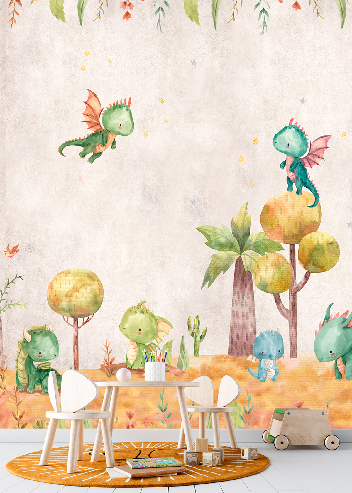 Papier peint panoramique Little Dragons Wonderland jaune - Farandole de Lutèce | Réf. LTC-CW6053-1