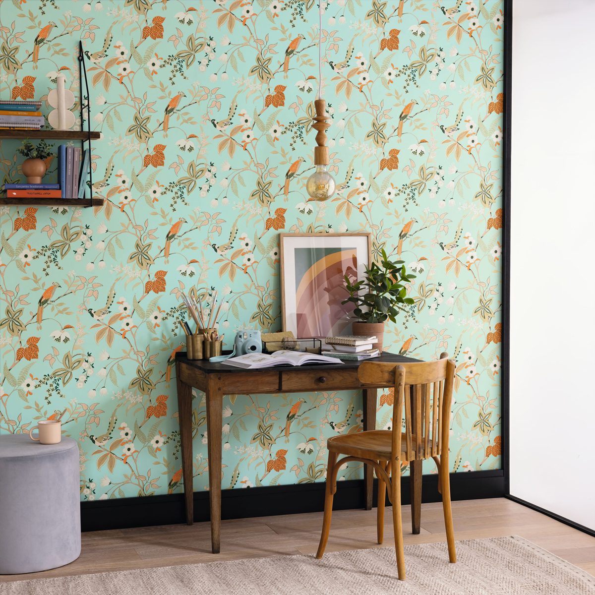 Papier peint Oiseau Feuillage Happy vert d'eau orange - Happy Therapy de Casélio | Réf. HTH104067765