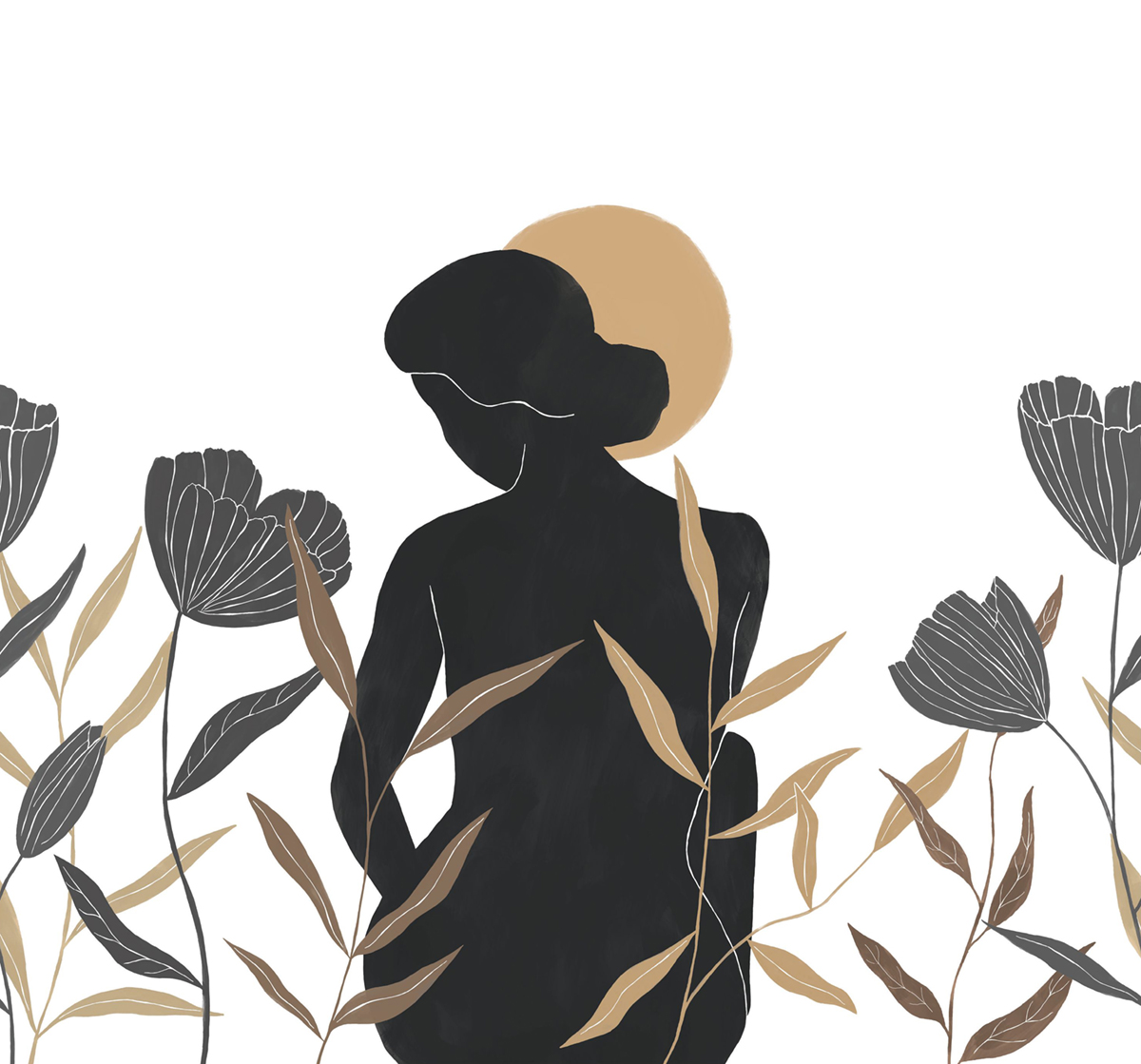 Papier peint Panoramique Silhouette Florale Moon Woman noir et blanc 300X280 - Moonlight 3 de Casélio | Réf. MNL3107240908