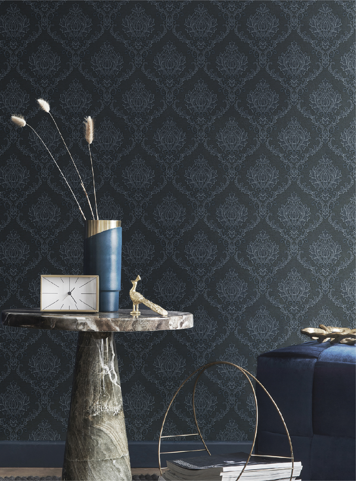 Papier peint Médaillon Classique bleu marine irisé - Venise de Montecolino | Réf. MC-23649