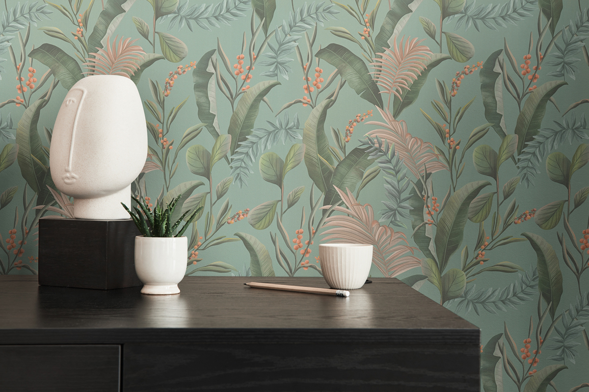 Papier peint Feuille Nature Tropical vert sauge - Drawn Into Nature de Livingwalls AMB3| Réf. 39436-4