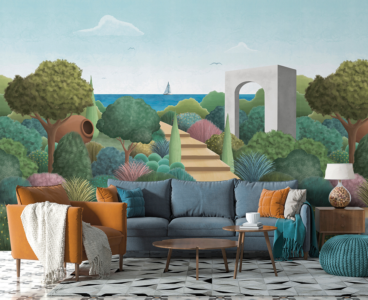 Papier peint panoramique Jardin Méditérranéen multicolore - Panorama 2 de Lutèce | Réf. LTC-PAN1501C