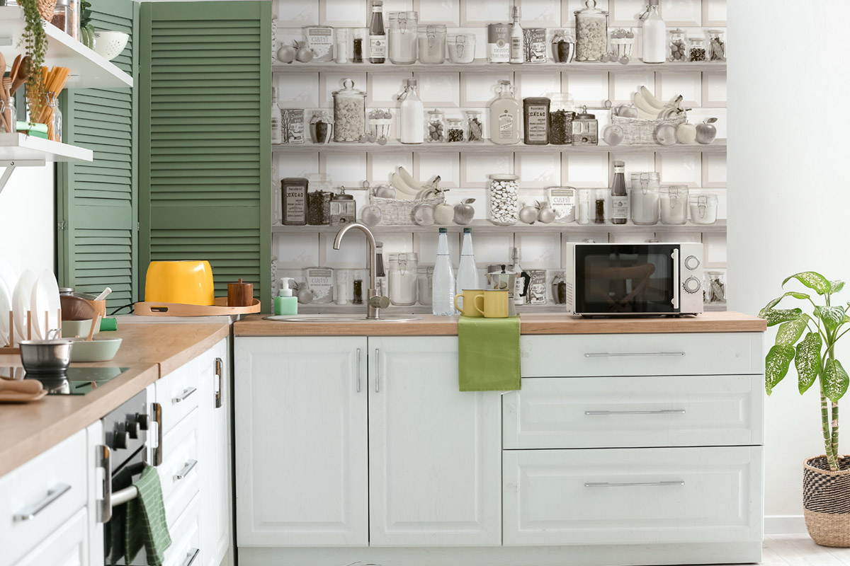 Papier Peint Cuisine Bocaux Étagère gris - Illusion d'Ugépa | Réf. UGP-M90009