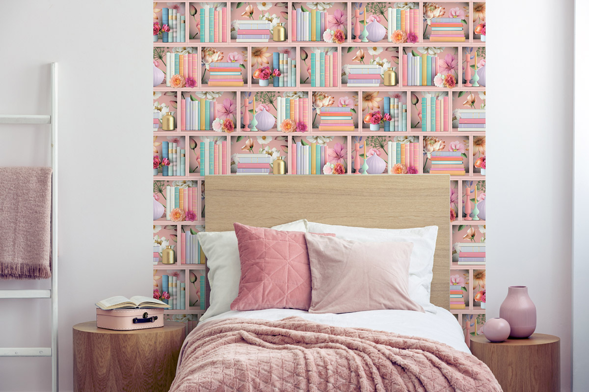 Papier Peint Bibliothèque Étagère Florale rose - Illusion d'Ugépa | Réf. UGP-M89003