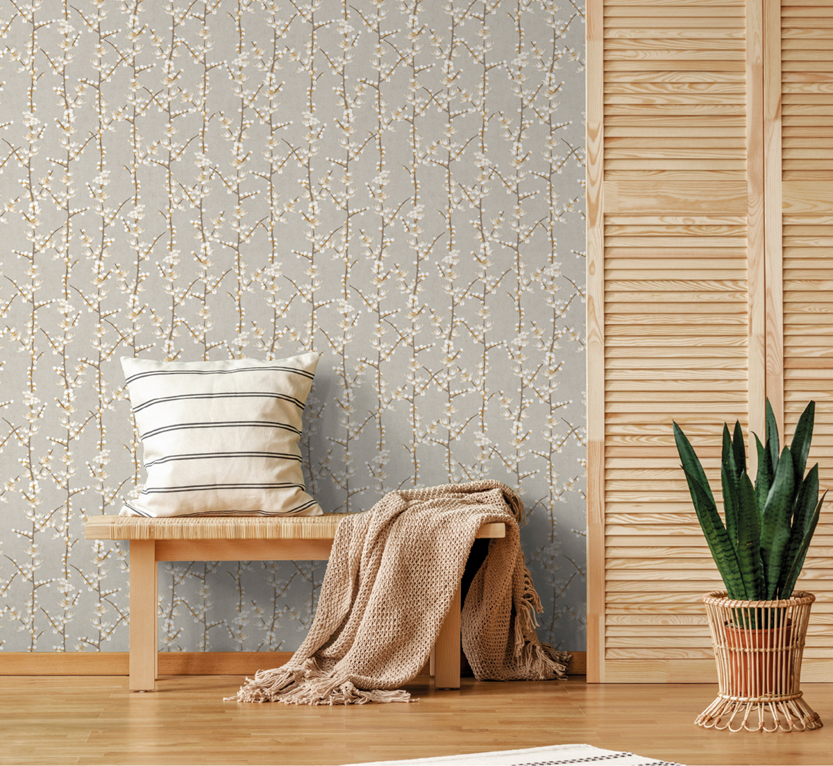 Papier peint Fleur Sakura Rectiligne gris ocre - Romance de Lutèce | Réf. LTC-19042