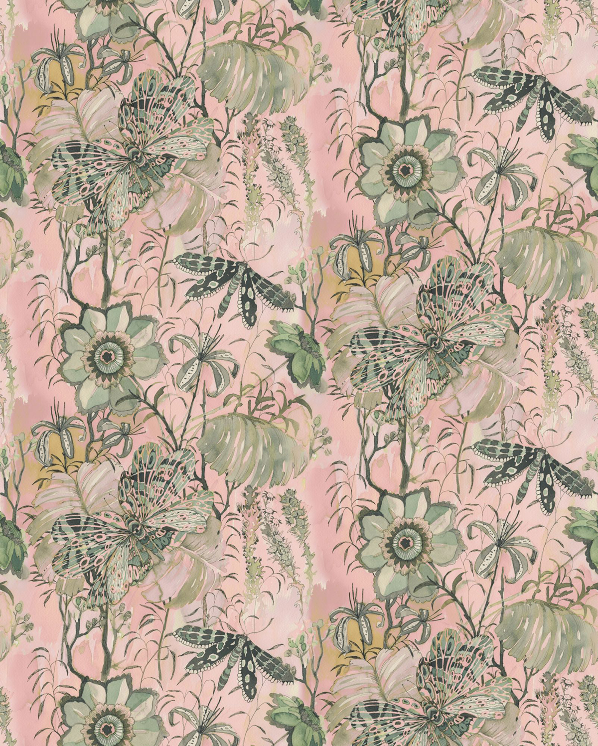 Papier peint panoramique Papillons Fleurs rose - Seasons de Komar