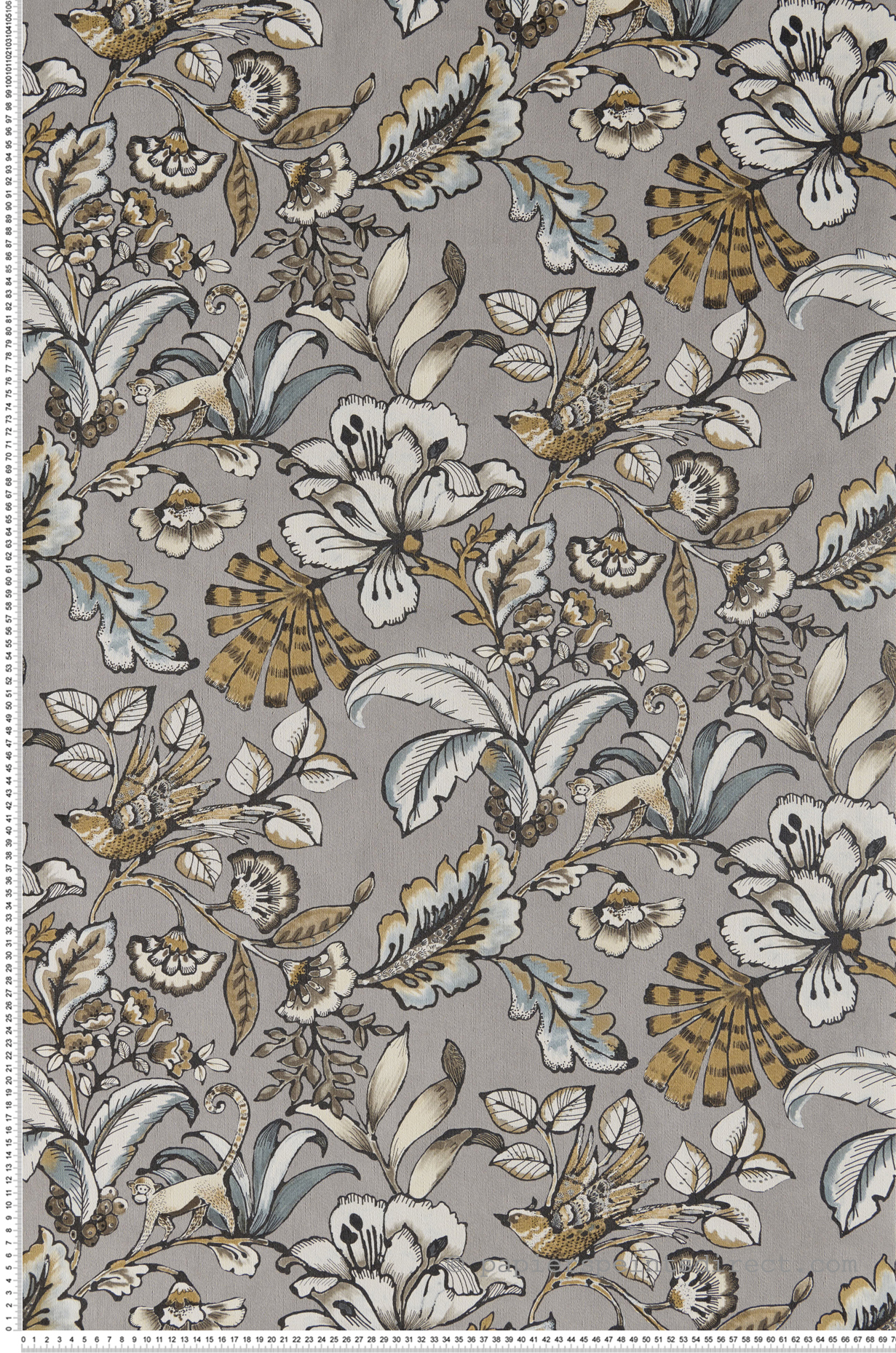 Papier peint animaux fleuri Paiony gris clair - Ceylan de Casamance | Réf. CAS-74522960