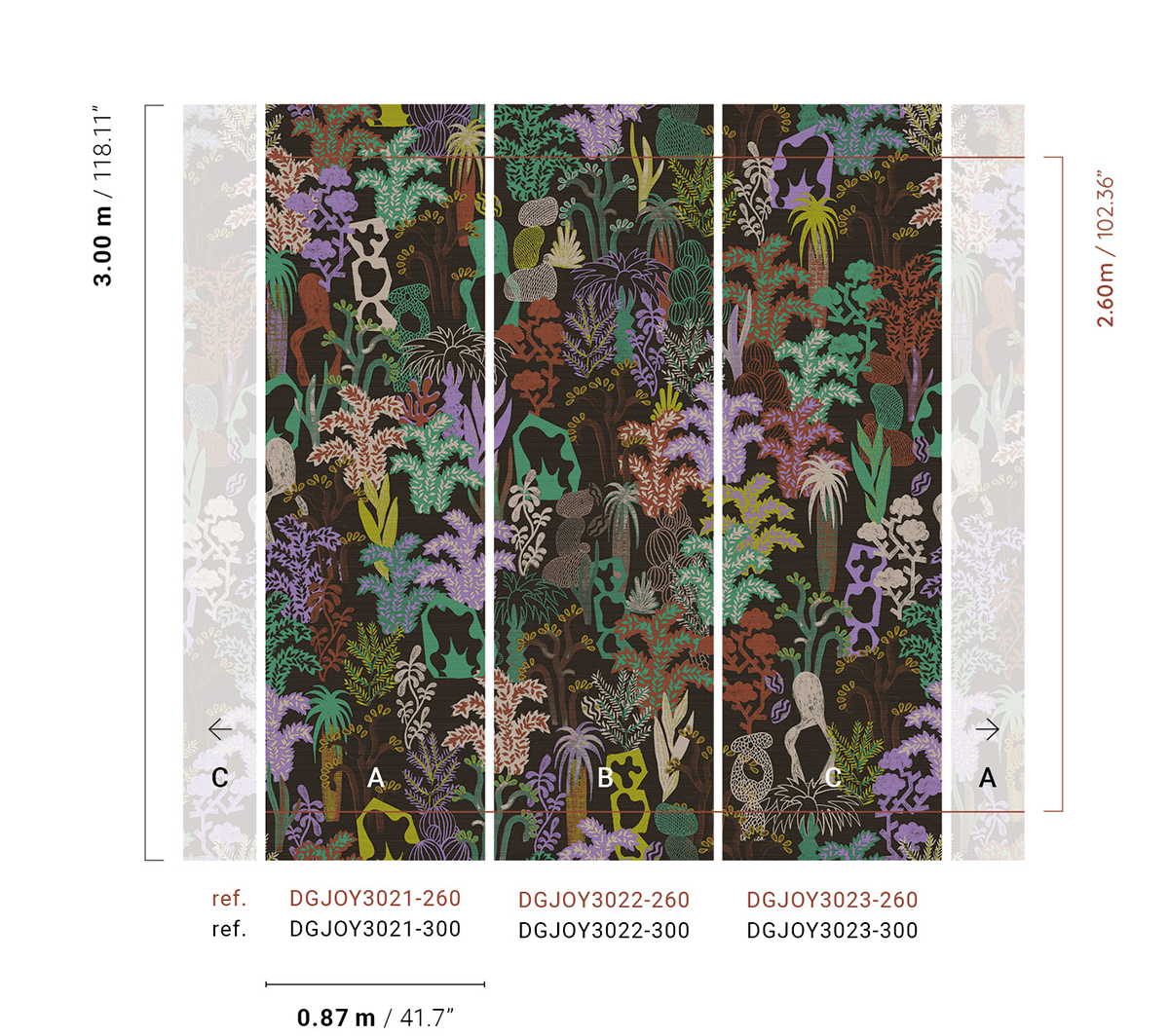 Papier peint panoramique Jungle Ethnique Baya parme - A H260 - Joy de Masureel | Réf. MAS-DGJOY3021-260