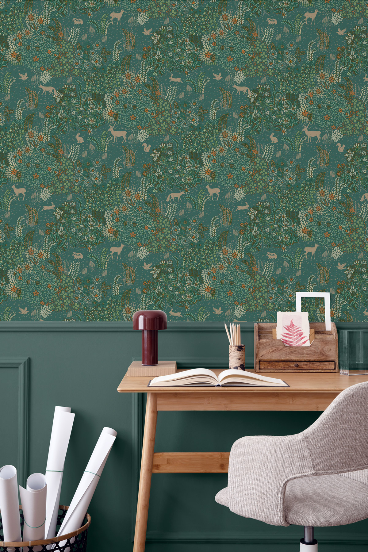 Papier Peint Animaux Forêt Wonderland vert argenté - Flora d'Ugépa | Réf. UGP-M86704