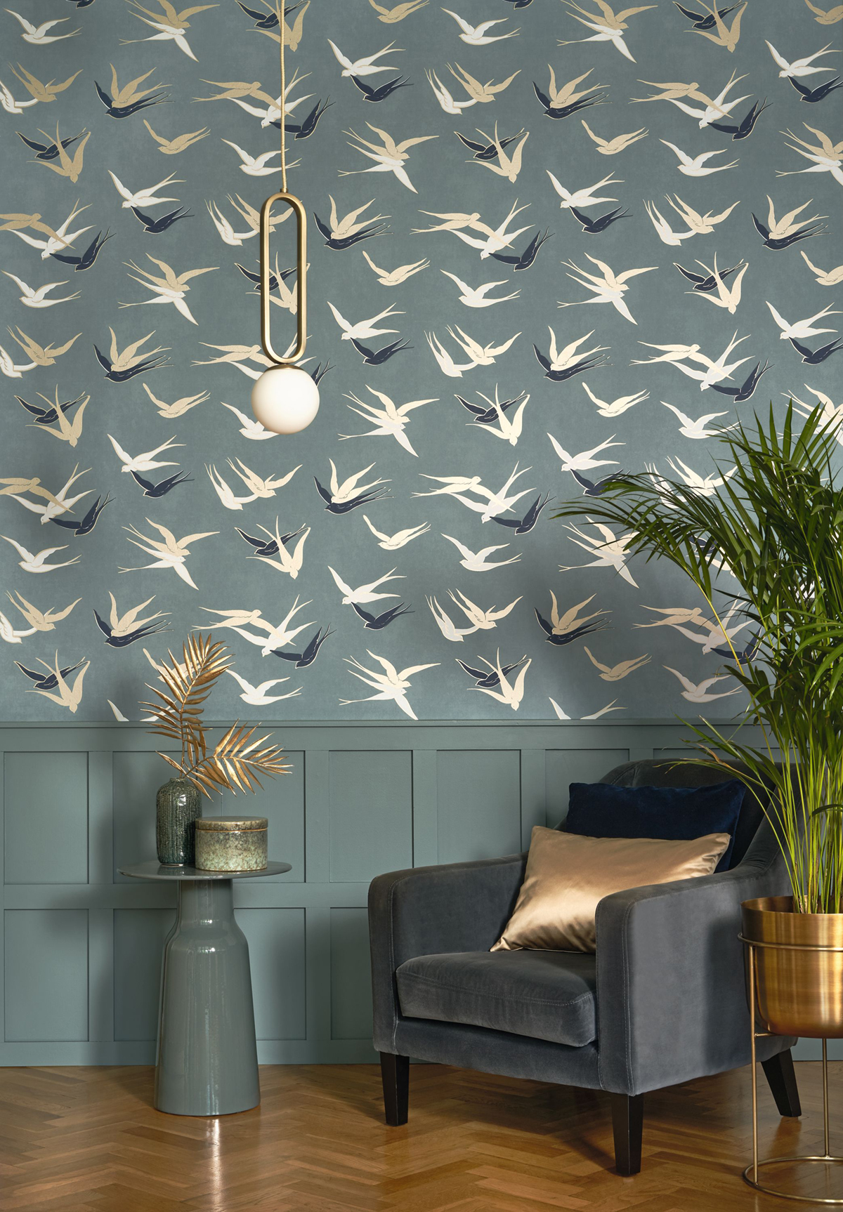 Papier peint Oiseau Hirondelle Swallow vert sauge doré - Twenties de Casadéco | Réf. TWNT88637353