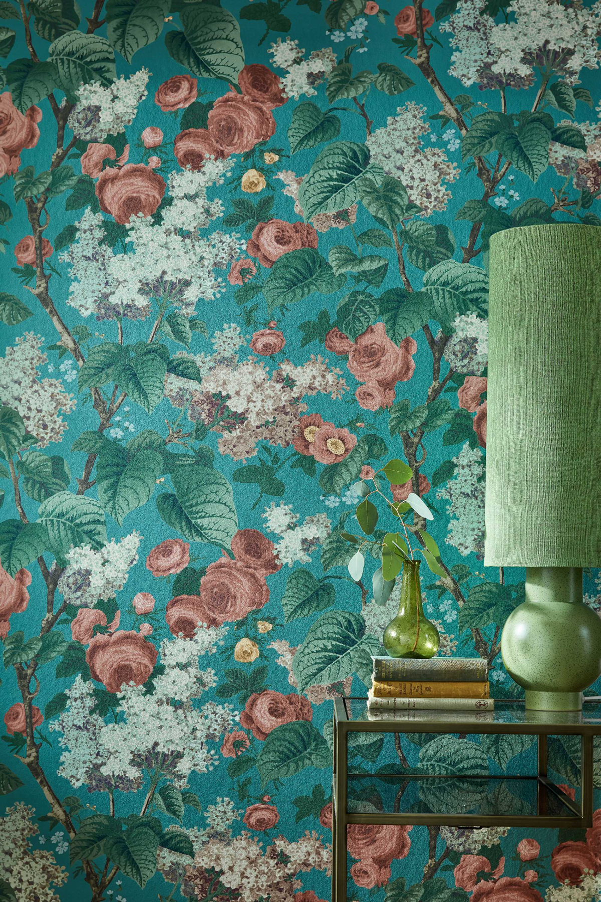 Papier peint Fleur Vintage Floribunda vert canard rose - V&A Decorative Papers d'Initiales | Réf. INI-31116803
