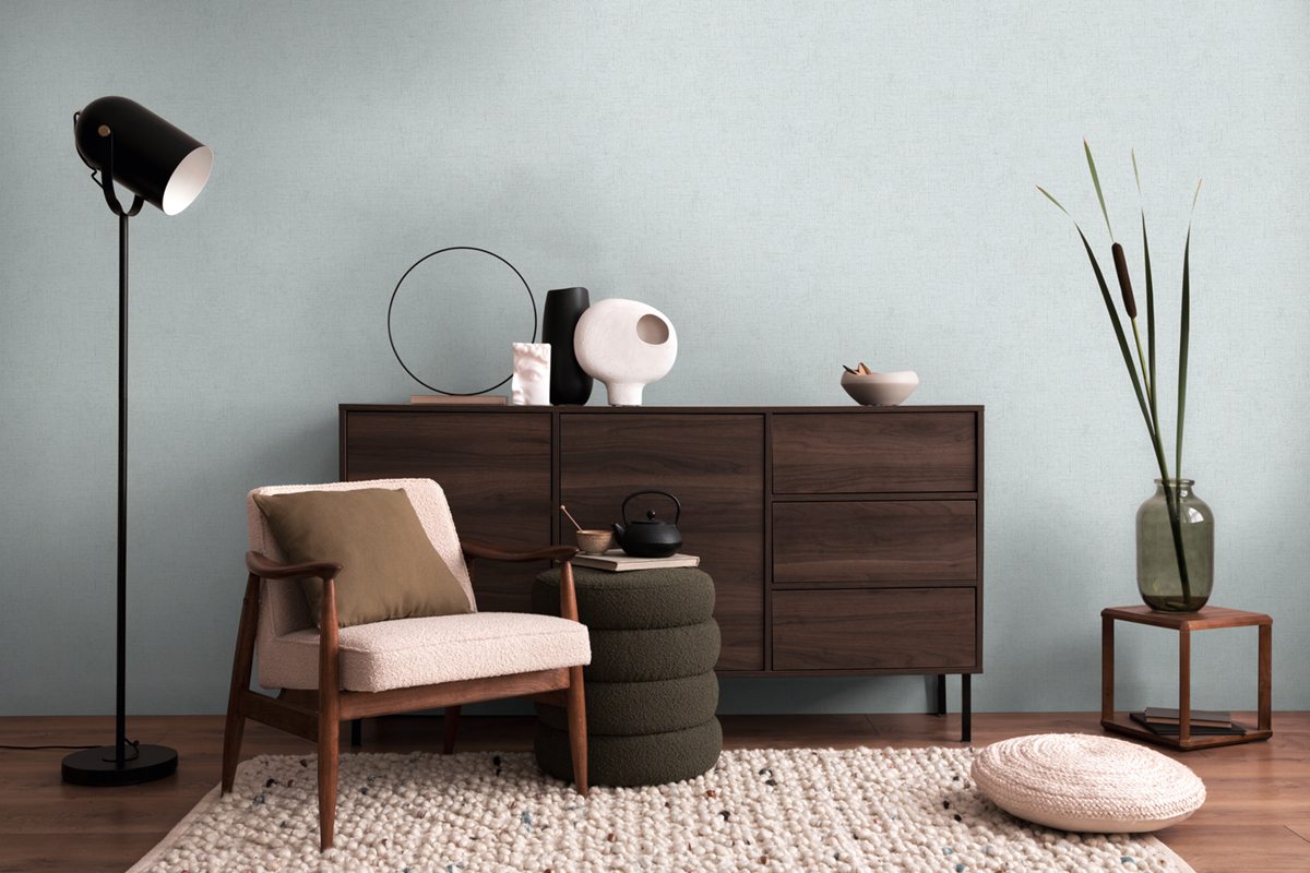 Papier peint Uni Tissage Métallisé bleu pâle argenté - Cosmoliving d'A.S. Création AMB3 | Réf. AS-790667