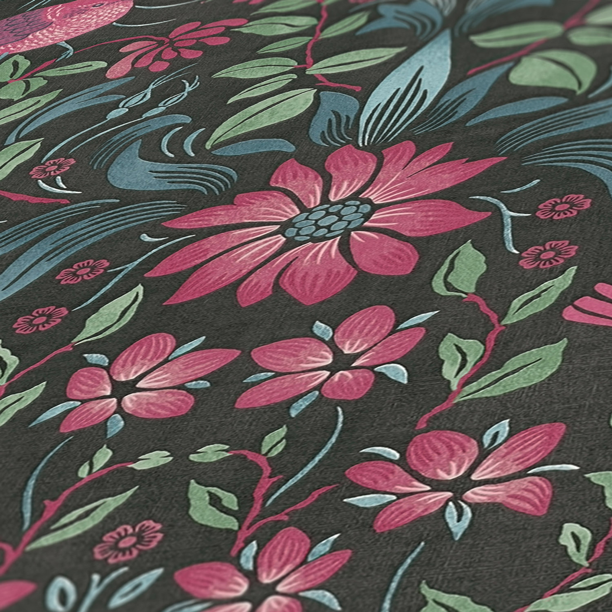 Papier peint Fleuri Oiseau Blooming noir framboise - Maison Charme d'A.S. Création ZOOM | Réf. AS-390751
