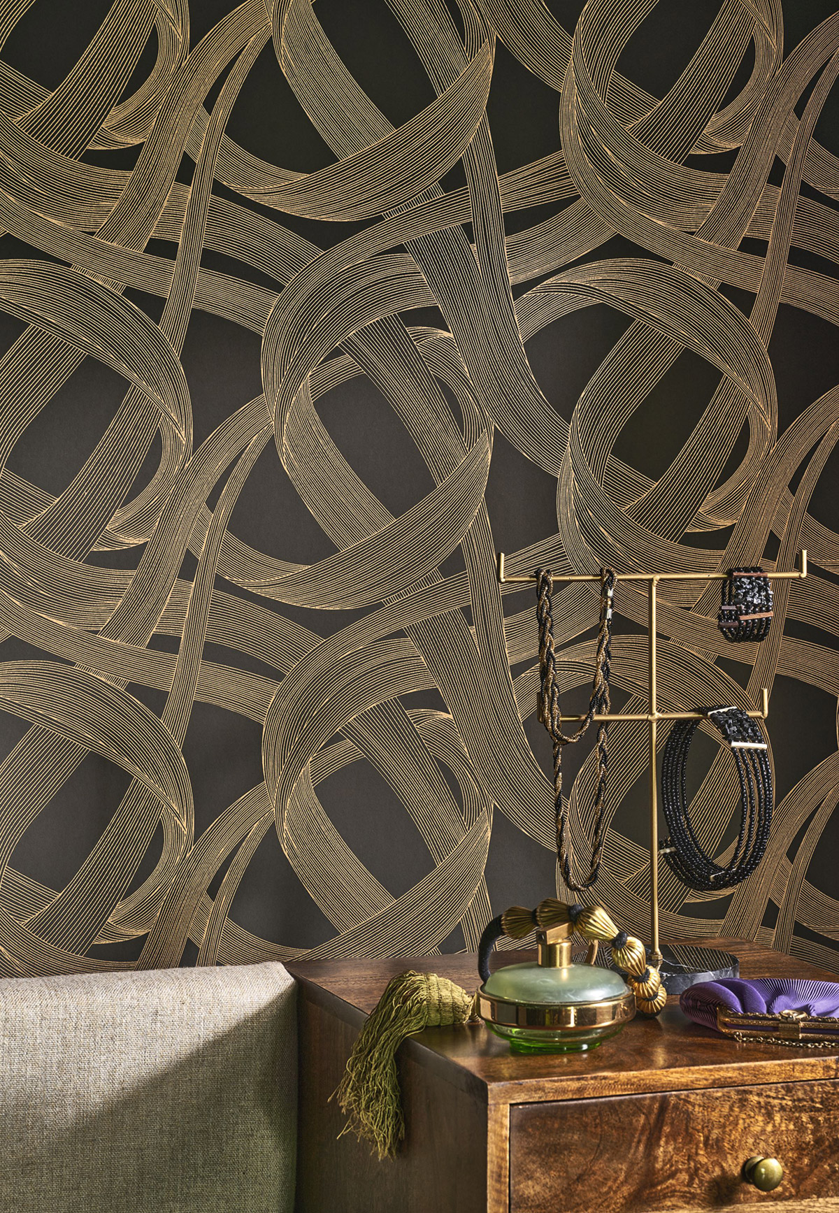 Papier peint Tracés Illusion Shimmy anthracite doré - Années Folles de Casadéco AMB2 | Réf. ANFO201069820