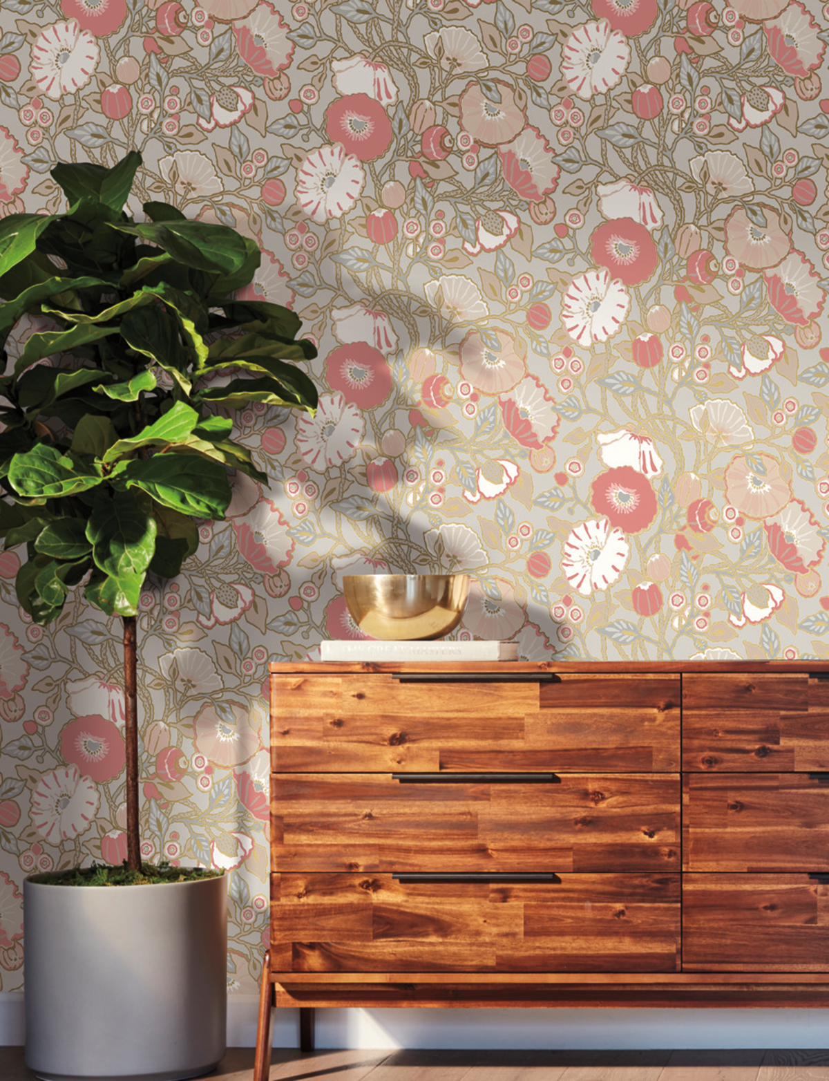 Papier peint Coquelicot Vintage rose doré - Greenhouse de York (Initiales) | Réf. INI-GO8314