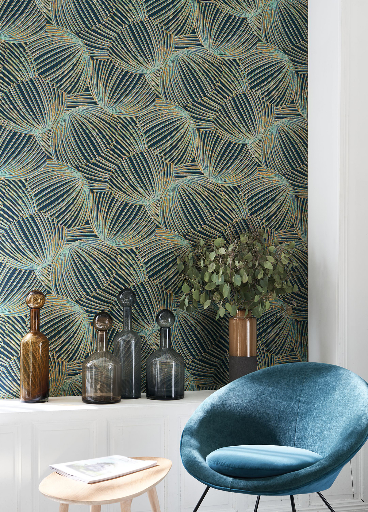 Papier peint Palme Pampelonne bleu paon - Méditerranée de Casadéco | Réf. MEDI87426812