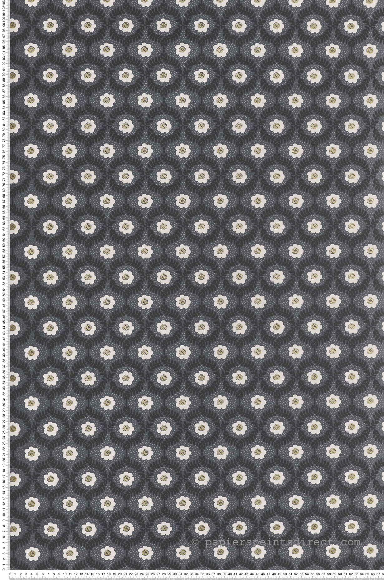 Papier peint Fleurettes Vintage Emma gris noir doré - Rifle Paper Co. 3 de York (Initiales) | Réf. INI-RF7442