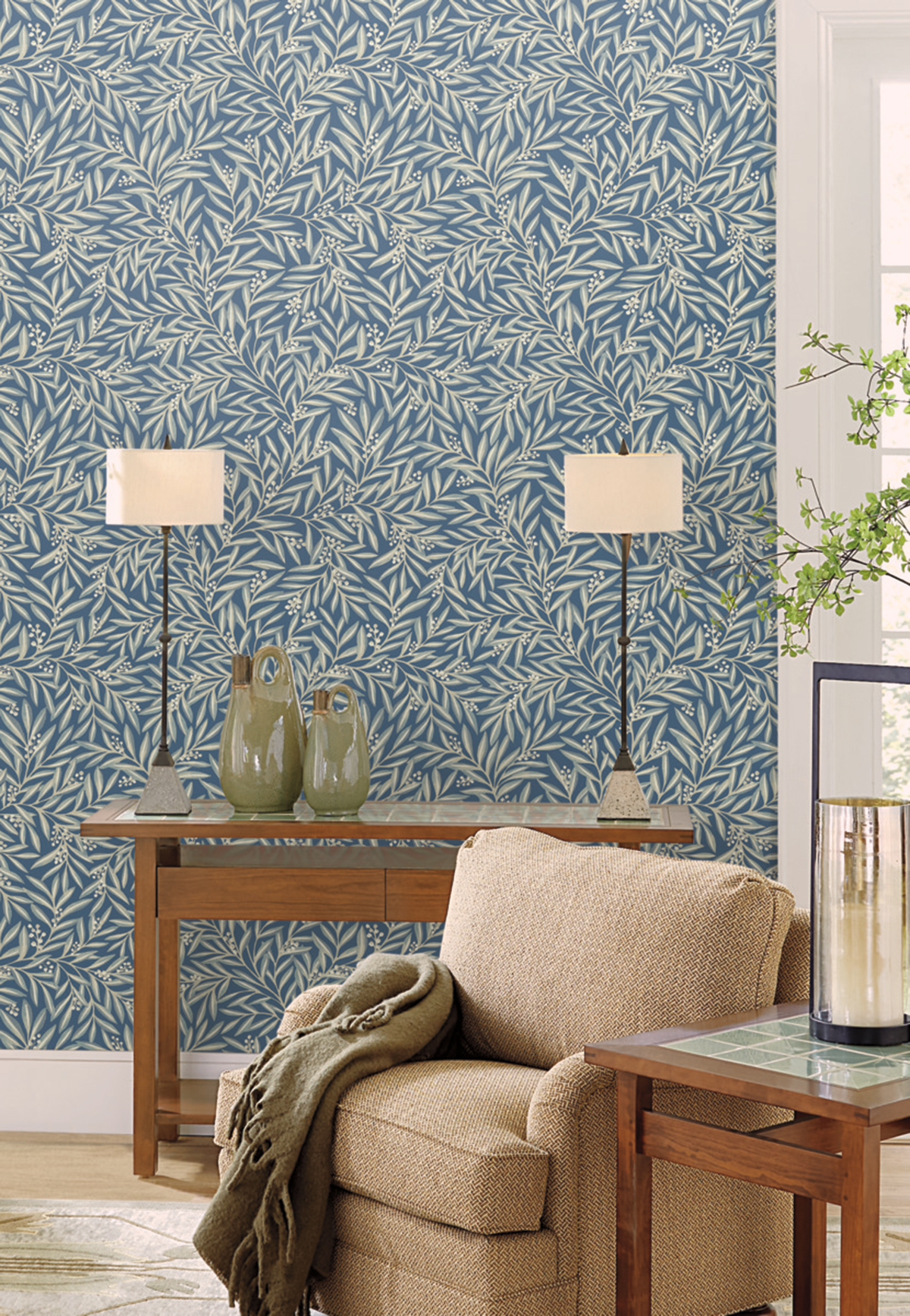 Papier peint Feuillage Sorbier grège bleu - Arts & Crafts d'Initiales | Réf. INI-AC9132