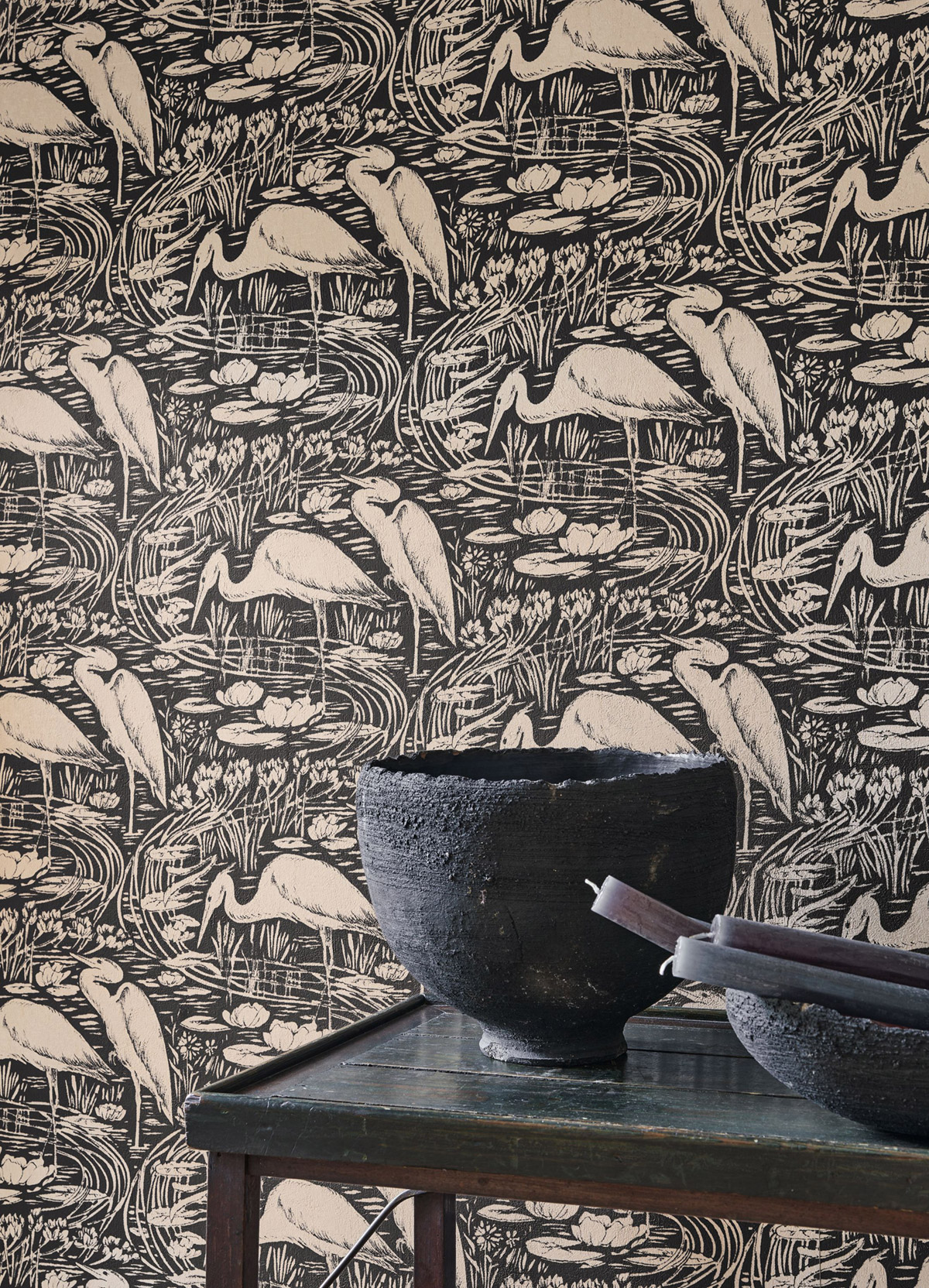 Papier peint Oiseaux Héron Euphrate noir crème - Babylone de Casadéco AMB2| Réf. BBLN89739270