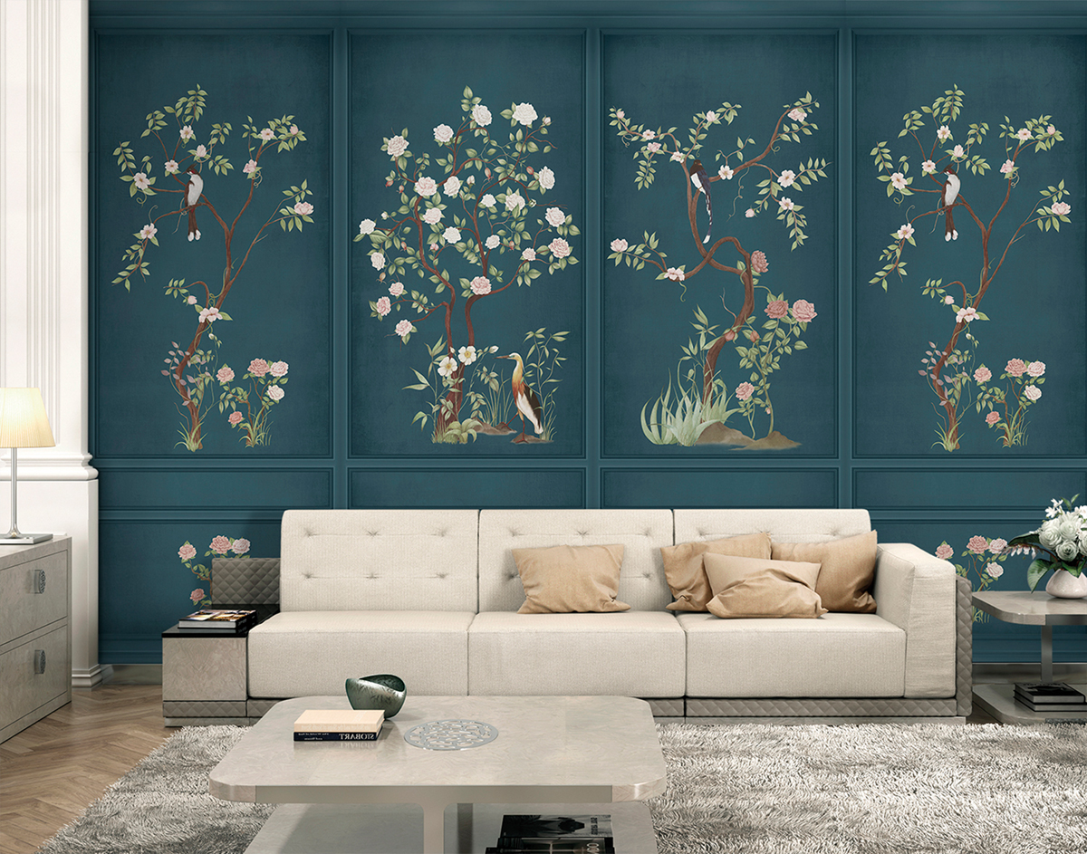 Papier peint panoramique Boiserie Fleurie bleu foncé - Panorama 2 de Lutèce | Réf. LTC-PAN1574C