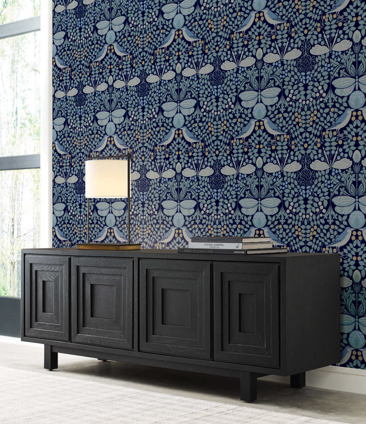 Papier peint Jardin aux Papillons bleu marine - Arts & Crafts d'Initiales | Réf. INI-AC9165