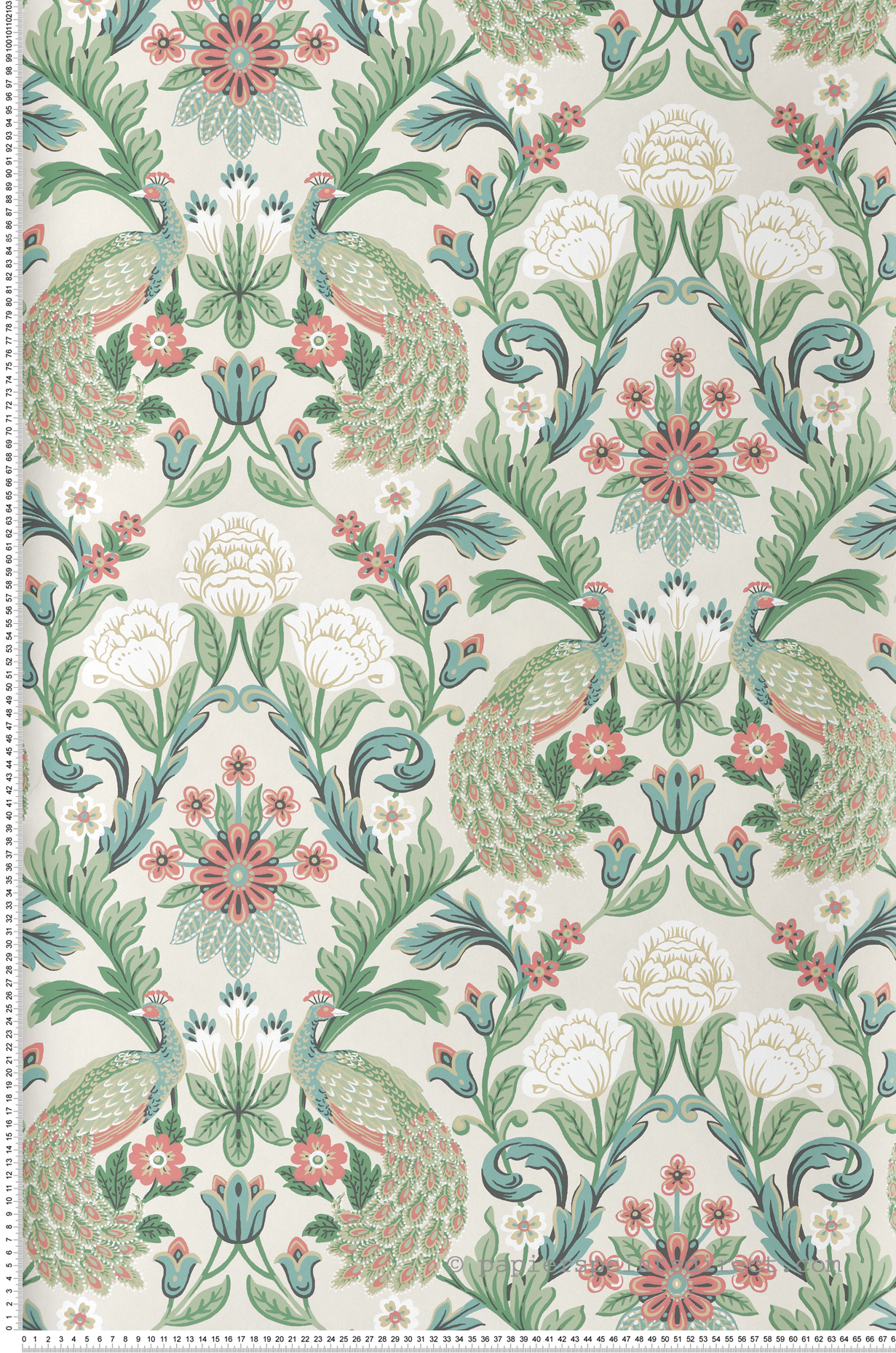 Papier peint Paon Floral Classique rose vert lin - Arts & Crafts d'Initiales | Réf. INI-AC9104