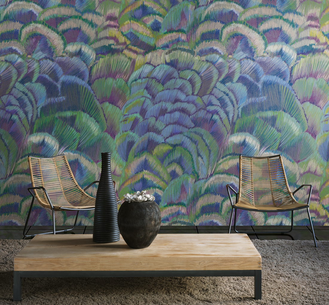 Papier peint panoramique Plumes vert/violet - Encyclopedia de Casadéco | Réf. ENCY83366568