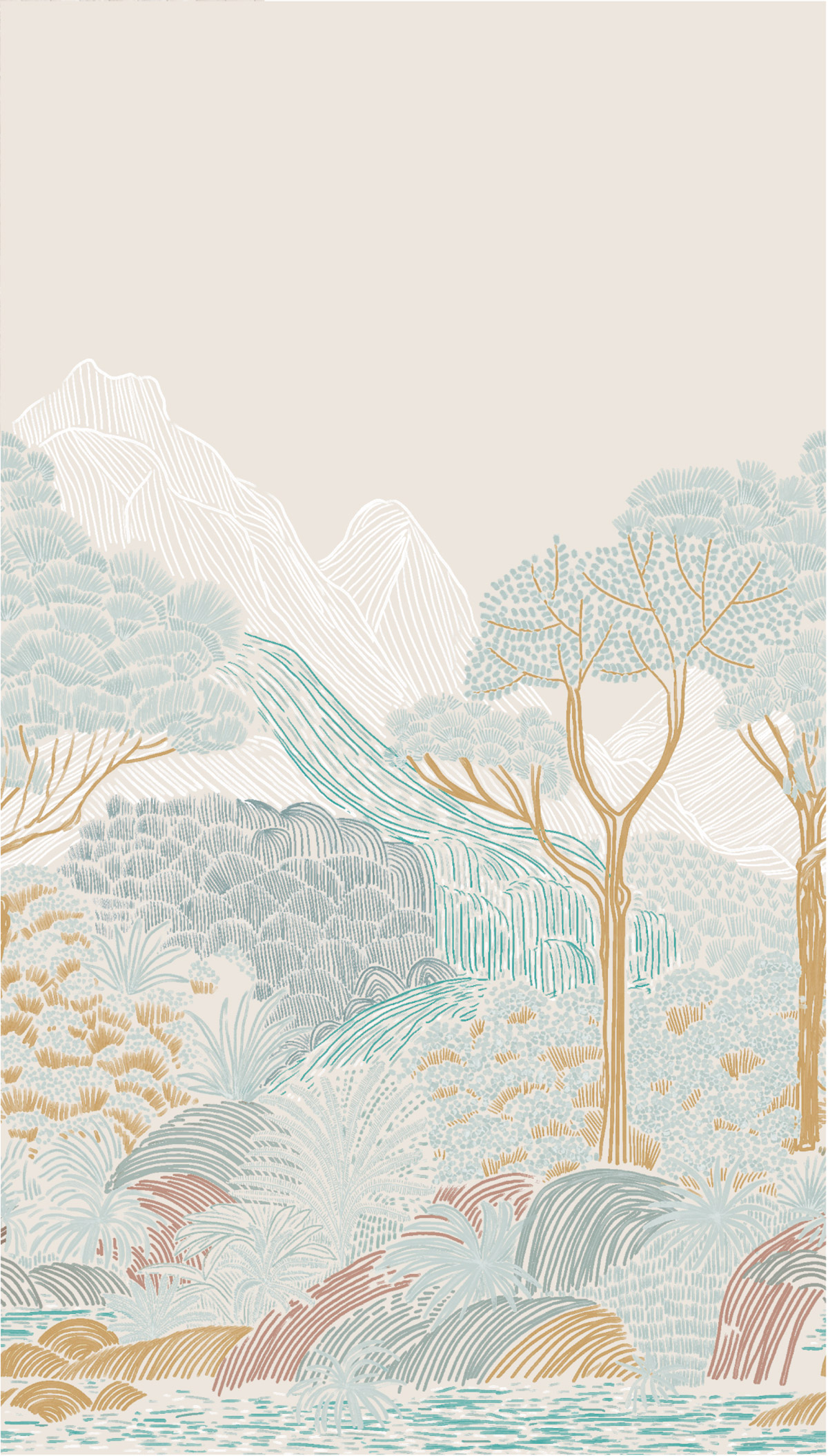 Papier peint Panoramique Paysage bleu beige - Jardin d'Eden de Lutèce | Réf. LTC-51248201