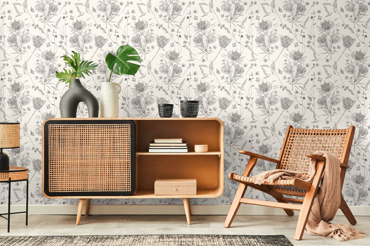 Papier peint Fleur Papillon Croquis noir blanc - Drawn Into Nature de Livingwalls | Réf. 39427-2