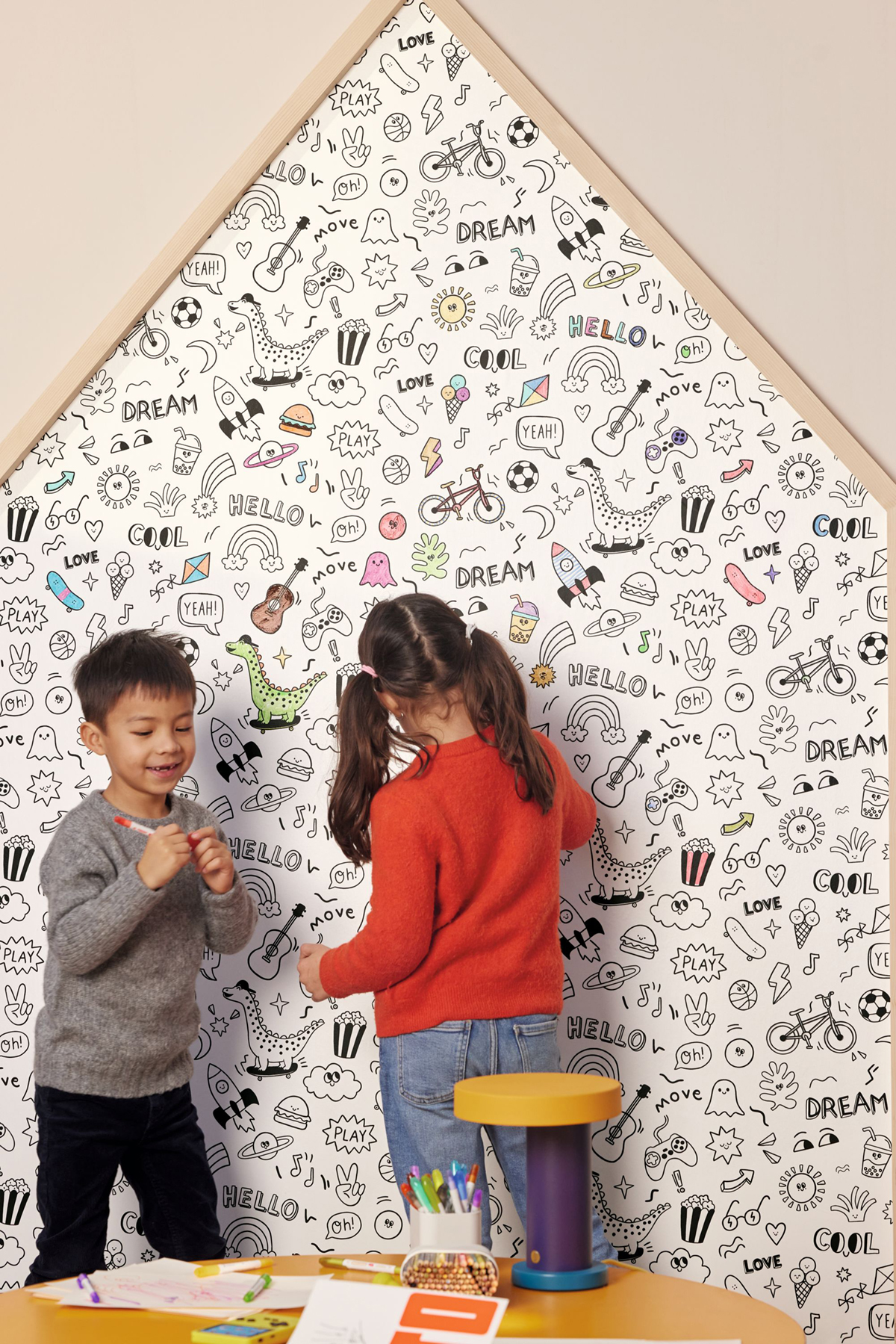 Papier peint Doodles À Vos Crayons noir et blanc - Les Minis Mondes de Casélio AMB2 | Réf. MNM105829090