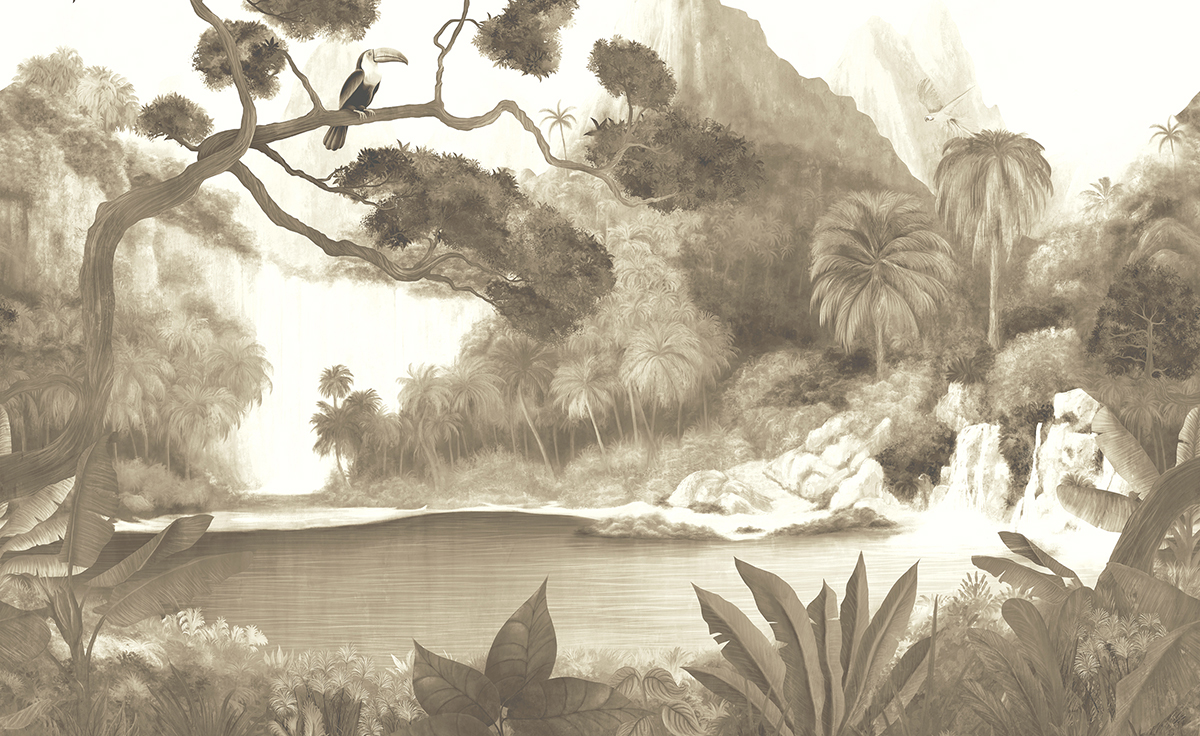 Papier peint panoramique Oasis Toucan sépia - A, B, C et D H260 - Wall Designs IV de Masureel | Réf. MAS-DG4TOU101X-260