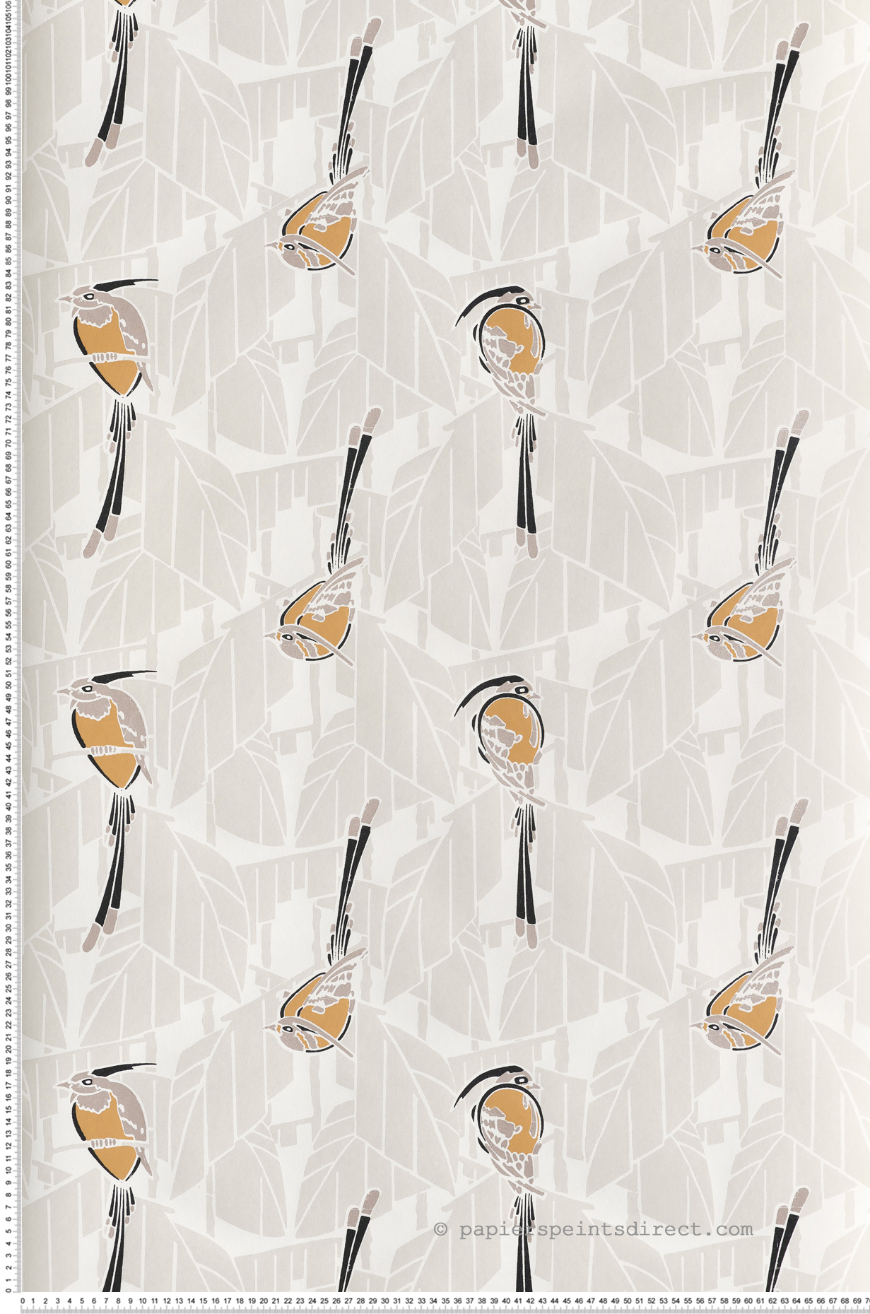 Papier peint Oiseau Graphique Kardinal moutarde métallisé - Folies de Masureel | Réf. MAS-FOL605