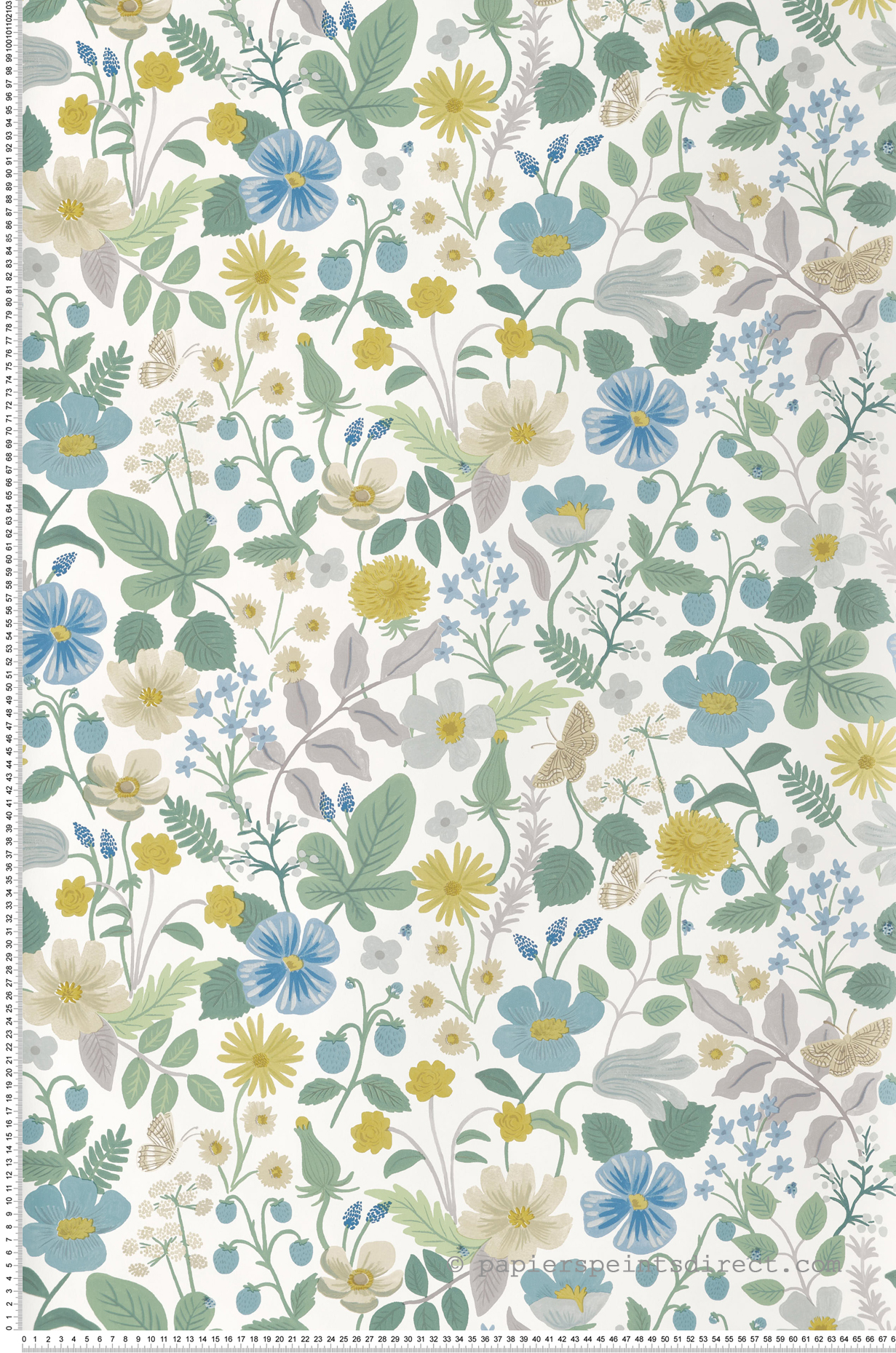 Papier peint Champs de Fraises Fleurs bleu gris vert - Rifle Paper Co. 2 de York (Initiales) | Réf. INI-RP7357