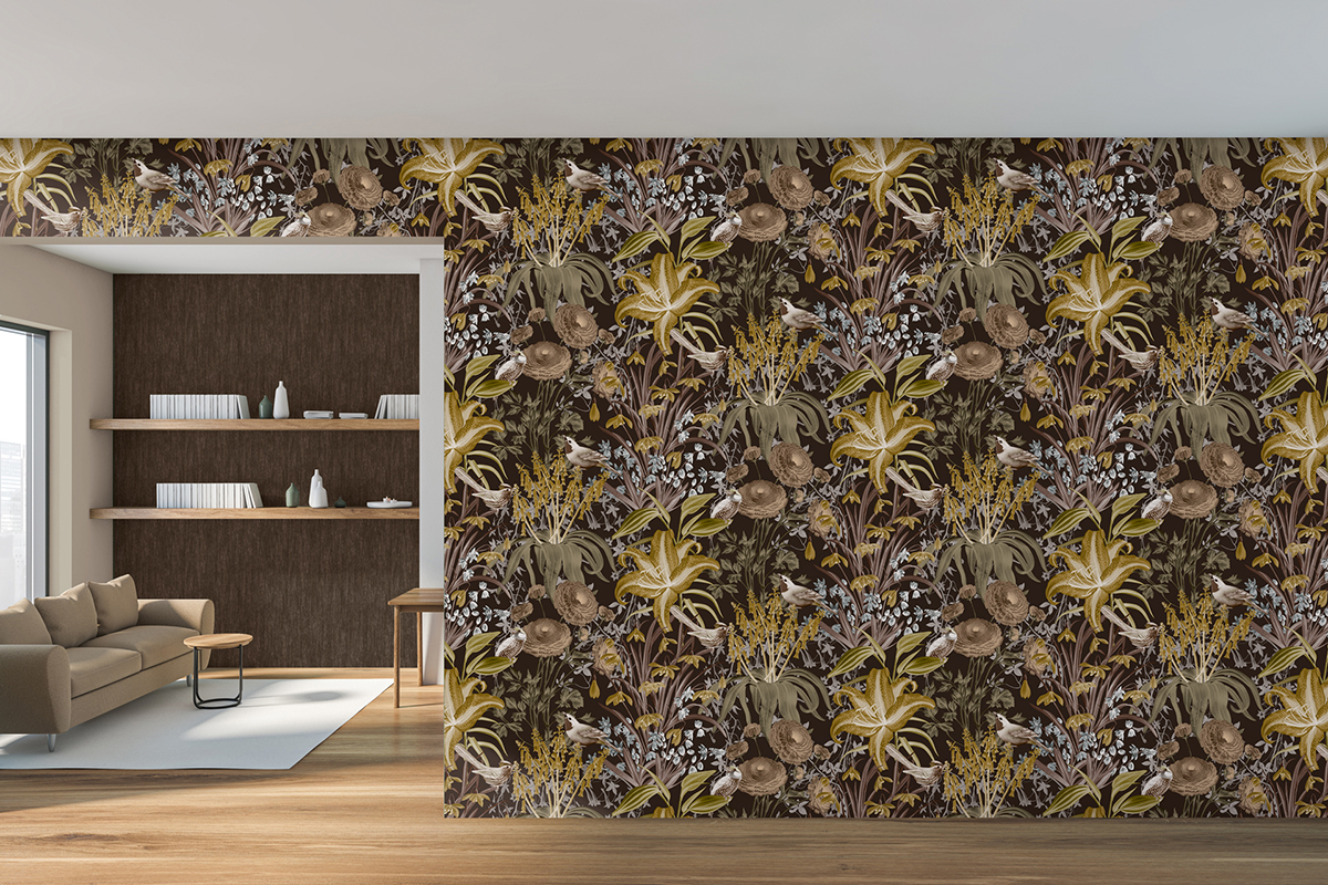 Papier peint Oiseaux et Fleurs Moorea marron et pailleté - Moorea de Montecolino | Réf. MC-26729