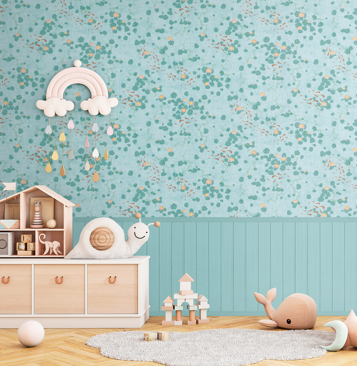 Papier peint panoramique Poisson et Nénuphar bleu - Lilly & Luis d'A.S. Création | Réf. AS-770731