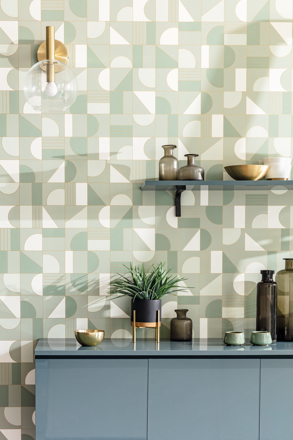 Papier peint Géométrique Puzzle vert amande - Labyrinth de Casélio | Réf. LBY102107024