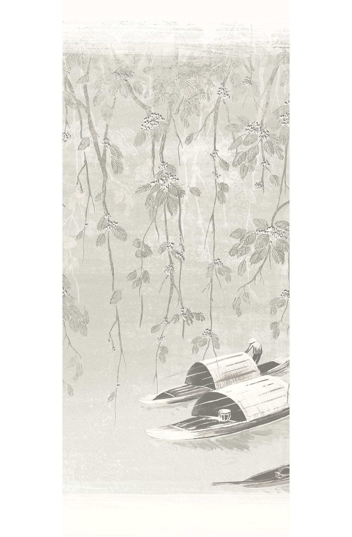 Papier peint panoramique Barque Japonaise River gris - B H300 - Kimono de Masureel | Réf. MAS-DGKIM2012