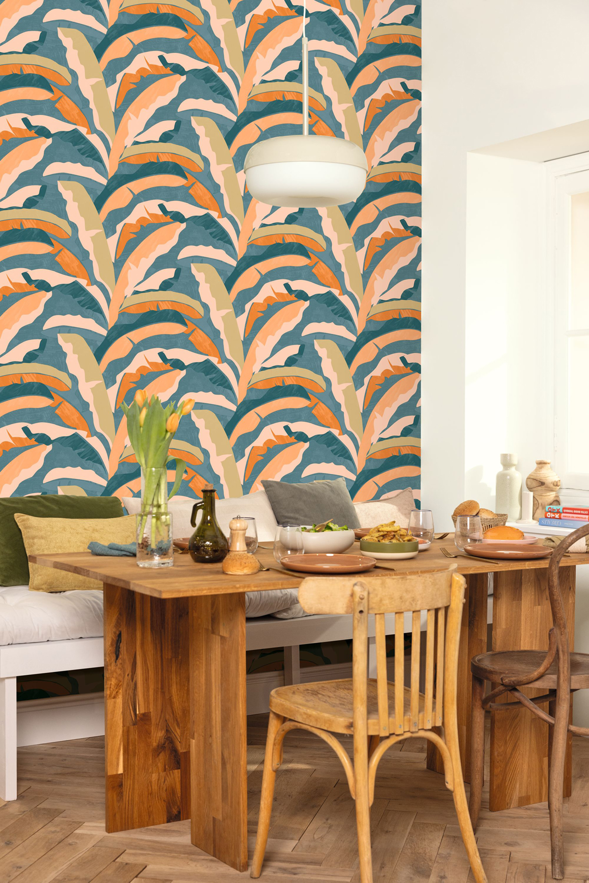 Papier peint Feuille Bananier Ampleur bleu canard orange doré - XXL de Casélio | Réf. XXL104566060