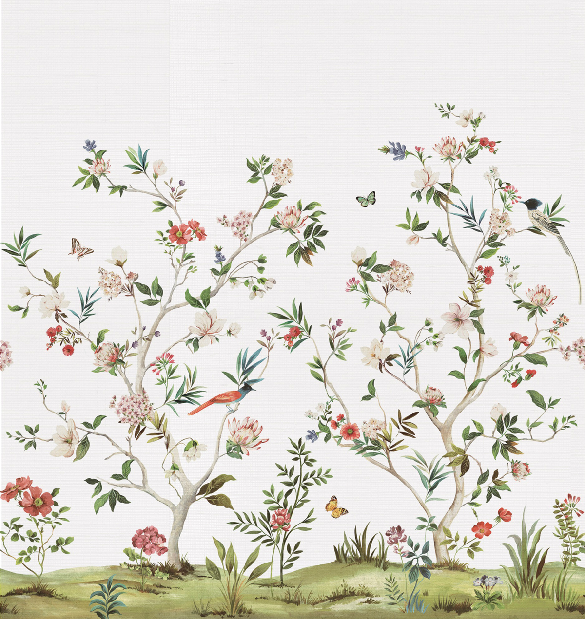 Papier peint panoramique Oiseaux Chinoiserie Magnolia Grasscloth argenté - Daisy Bennett d'Initiales | Réf. INI-DB31500M