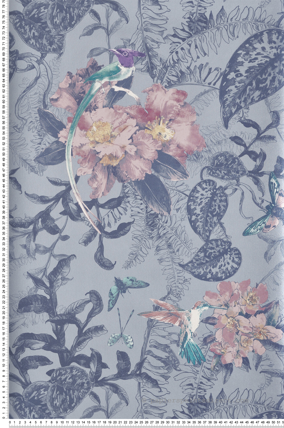 Papier peint Fleur et Colibri bleu irisé - Willow d'Initiales | Réf. INI-00814403